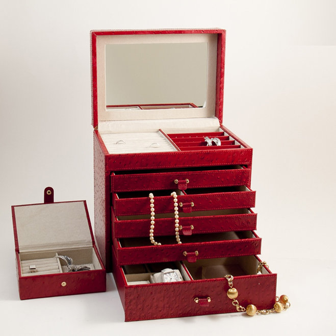 Boîte à bijoux 5 tiroirs, Cuir rouge