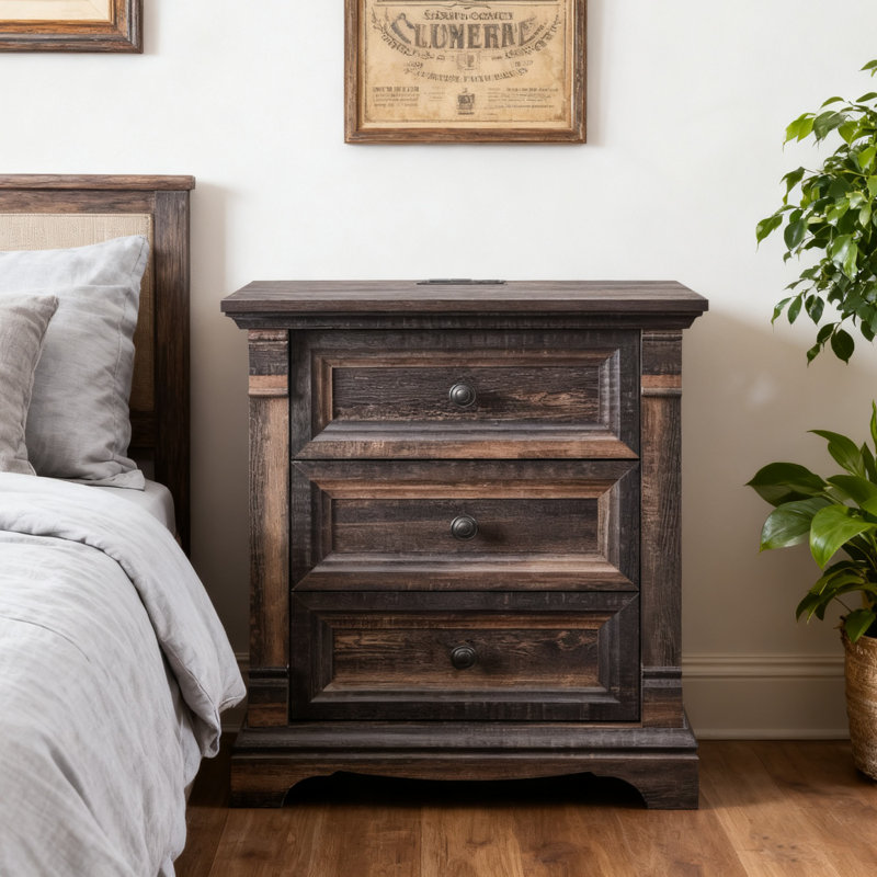24" Farmhouse Nightstand With Charging Station With 3 Drawers Storage, Wood Side Table,end Table, Dark Rustic Oak
