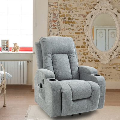 Emalina 39.76"W Ergonomic Power Recliner, Massage, Heater, Cup Holder
