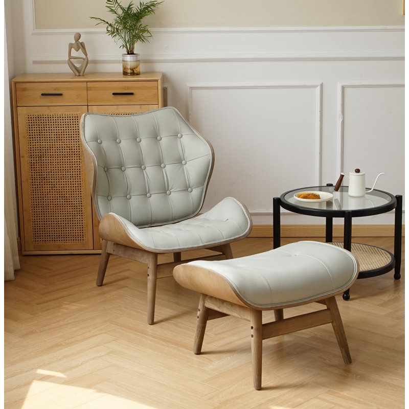 Jeyshan Upholstered Tufted Lounge Chair and Ottoman, Light Gray Faux Leather