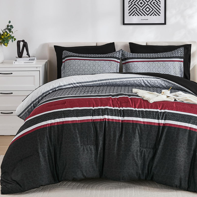 Ensemble d'édredon 7 pièces à patchwork rayé - Literie douce en microfibre légère toutes saisons, Noir / Rouge