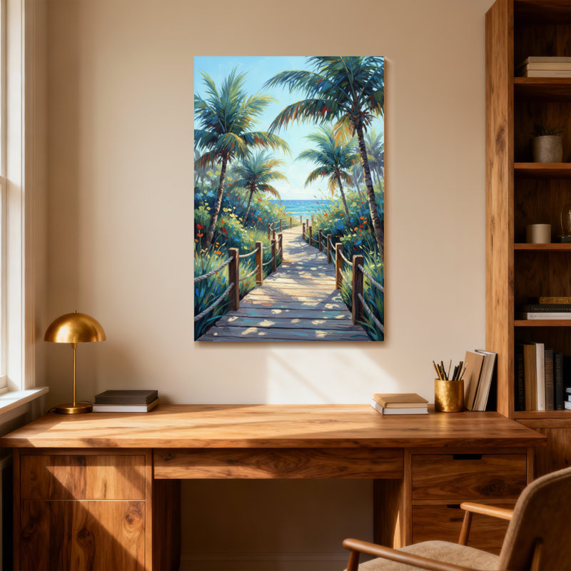 Plantes et fleurs, sentier tropical, palmiers, vue sur l'océan, H 12 po x l 18 po