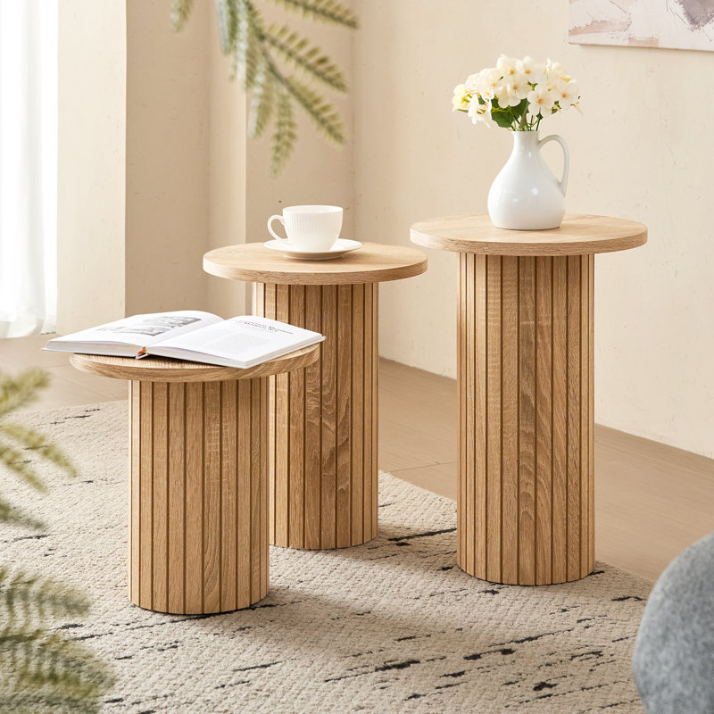 3-Piece Modern Round Nesting Table Set, Groove Line Cylinder Bases with Wood-Grain Veneer, Natural