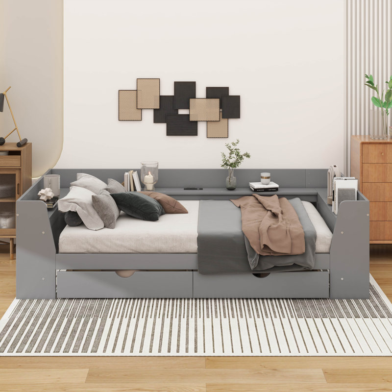 Lit de jour simple avec tablettes et tiroirs intégrés, Gris