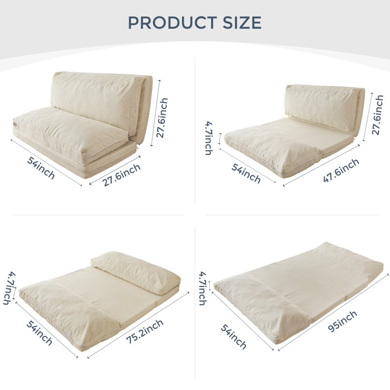 Holly-Madison Bean Bag Floor Sofa Bed, 4.7" H x 54" W x 95" D, Beige Corduroy