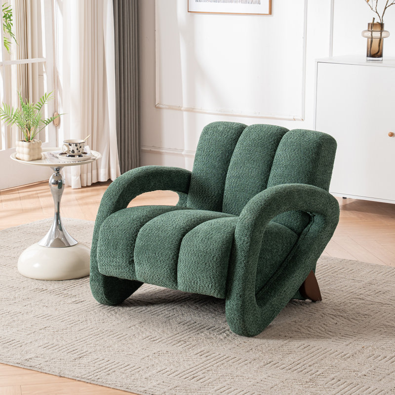 Upholstered Boucle Tufted Armchair with Wood Legs, Dark Green