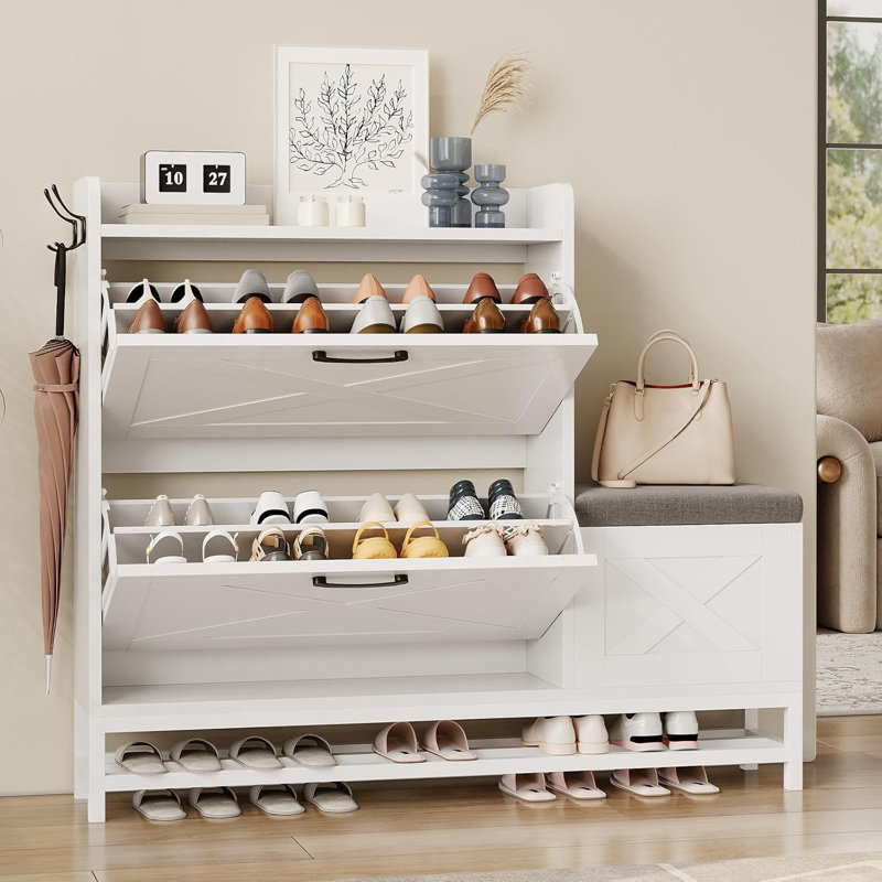Farmhouse Shoe Cabinet with Bench, Narrow Slim Shoe Storage with 2 Flip Drawers for Entryway & Hallway, White