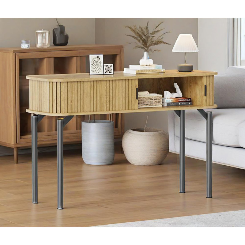 Console Table With Storage,wood Sofa Console Table With Sliding Door, Oak Wood