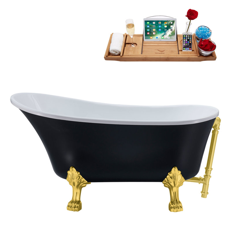 63" Streamline Clawfoot Soaking Acrylic Bathtub With Drain, Clawfeet, and Bamboo Tray, Polished Gold, Brushed Gold