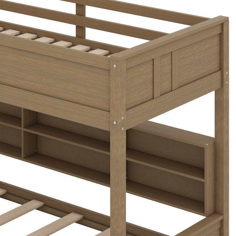 Bunk Bed With Storage Cabinets And USB Ports, Antique Wood, Twin XL over Queen