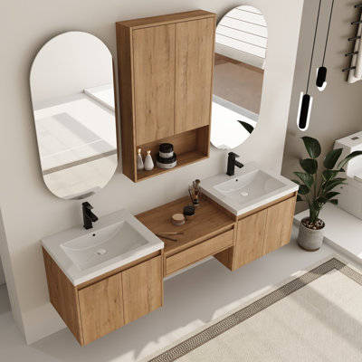 Bellmead 72'' Wall-Mounted Double Bathroom Vanity Set with Resin Vanity Top and 24'' Bathroom Wall Cabinet