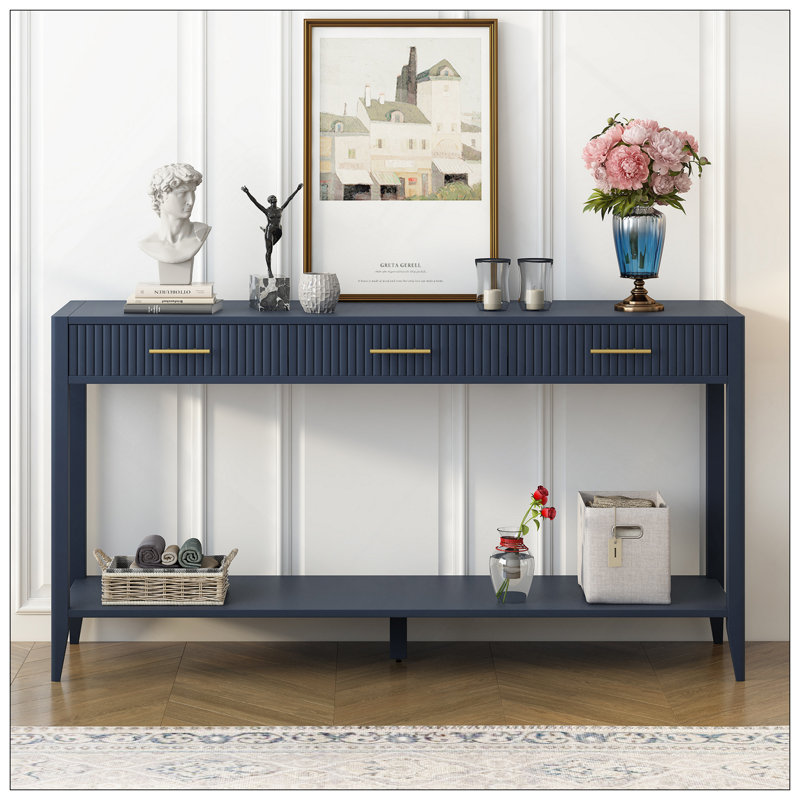 60" Painted Console Table With 3 Drawers,Wooden Entryway Table With Storage Shelf, Farmhouse Sofa Table For Living Room, Hallway,Entryway, Foyer, Corridor(Navy Blue)