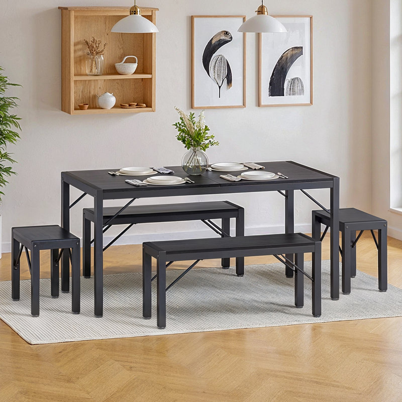 Pendry 6 - Person Dining Set, Dining Table with 2 Long Benches and 2 Short Benches, Black
