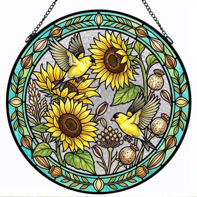 Sunflower Birds Stained Glass Window Panel，7.8H