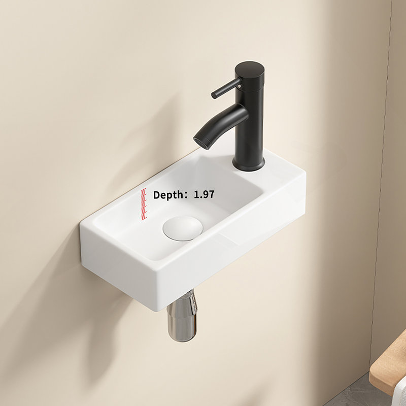 Wall Hung Basin Sink Small Cloakroom Basin Rectangle Ceramic Wash Basin Left Hand Without Tap & Drain, Milk White