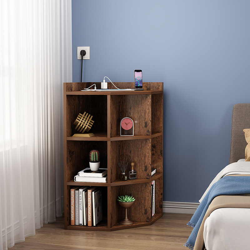3-Tier Corner Cabinet Storage with USB Ports and Outlets,Corner Cube Storage Organizer for Small Spaces,Retro, Brown