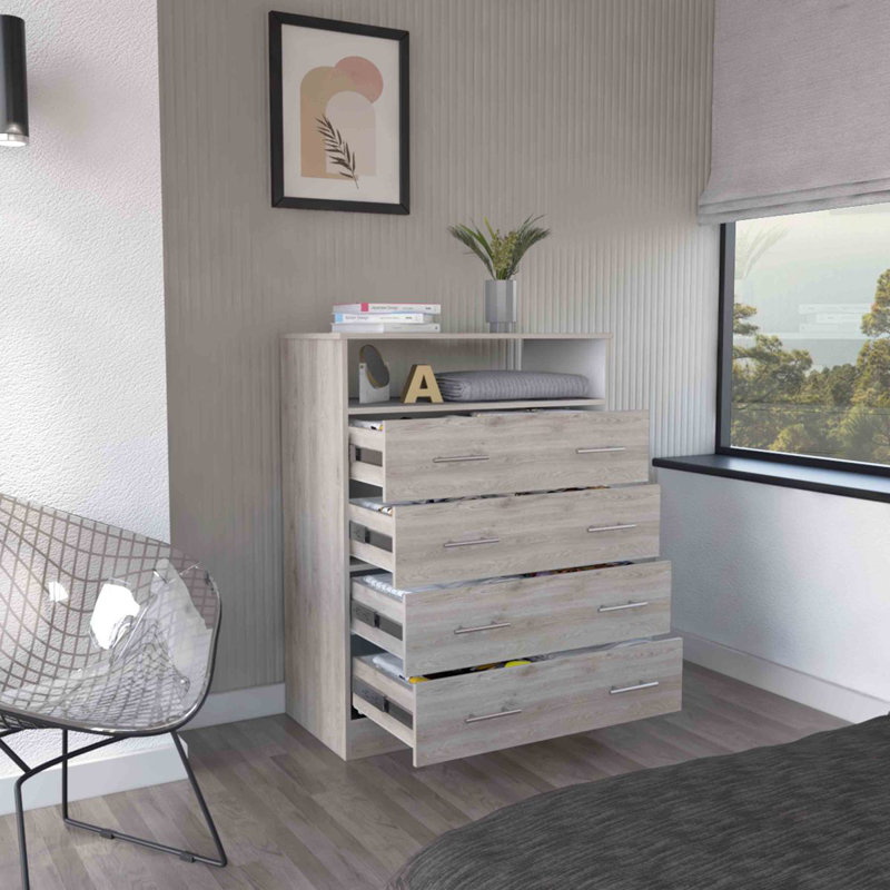 Commode 4 tiroirs Pérou, plateau supérieur, 1 tablette ouverte - gris clair / blanc