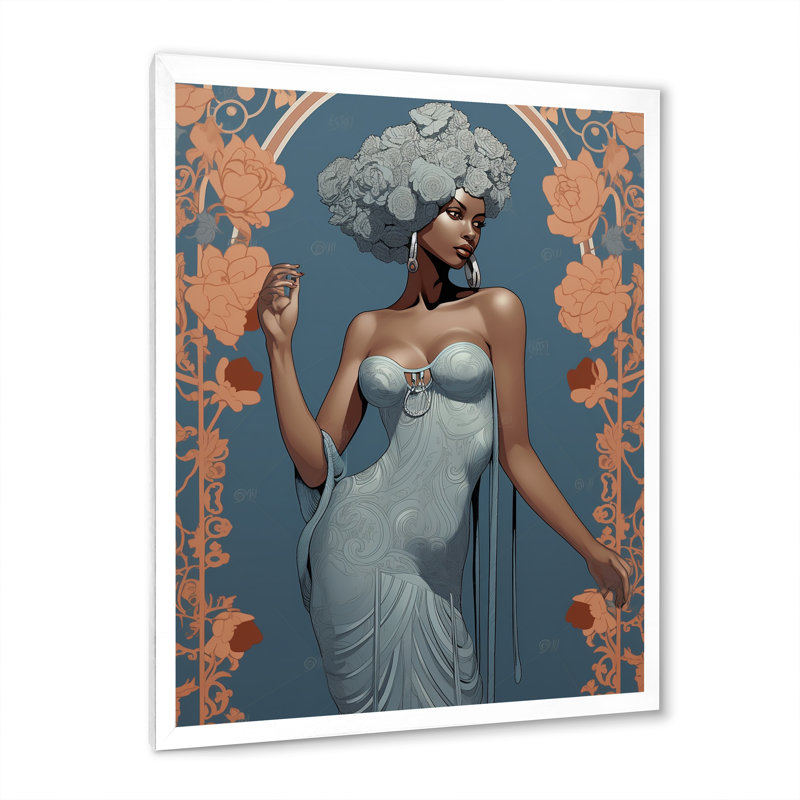 Élégante mode rétro bleue, déesse de la mode africaine sur toile, H 40 po x l 30 po x P 1,5 po, Cadre simple blanc