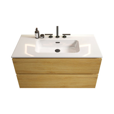 Meuble-lavabo de salle de bain moderne en chêne naturel - grande capacité, conception avec rangement en céramique, poignée de style contemporain