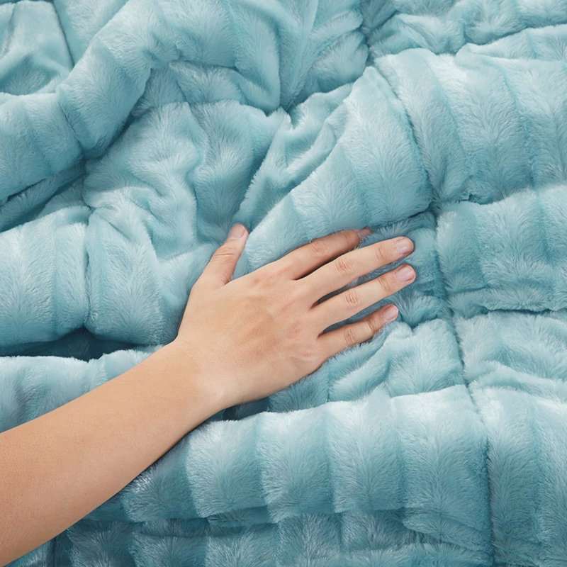 Édredon double / grand en fausse fourrure - bleu sarcelle, 2 taies décoratives chaudes grand format assorties