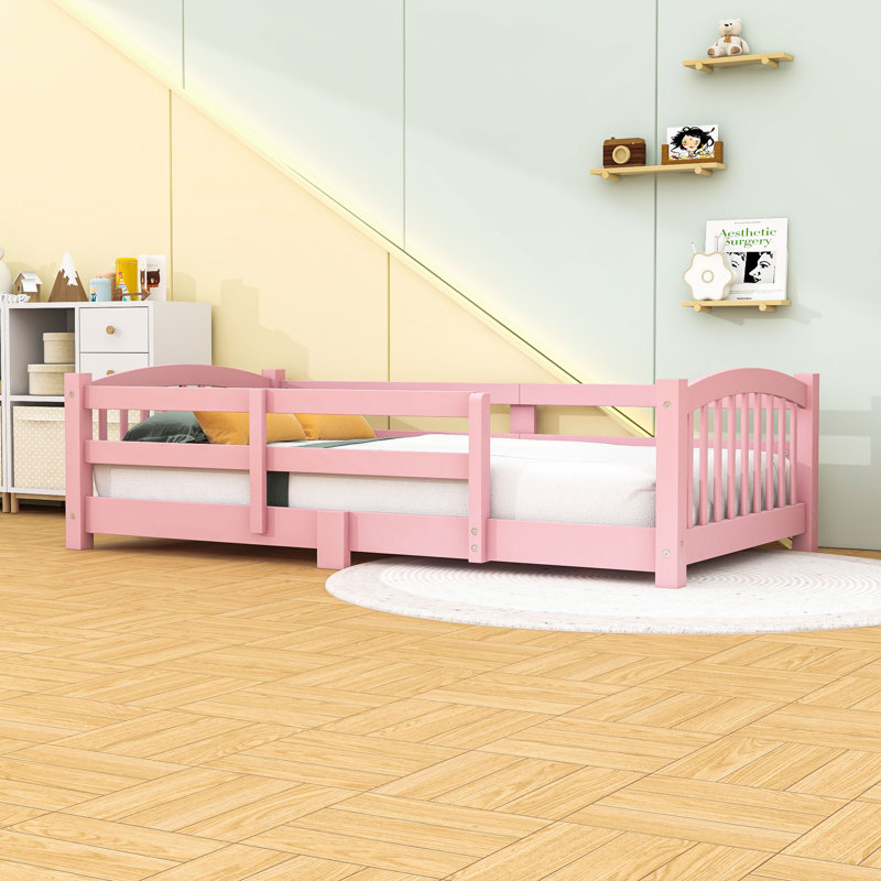 Wood Floor Bed with Safety Guardrails, Twin, Pink