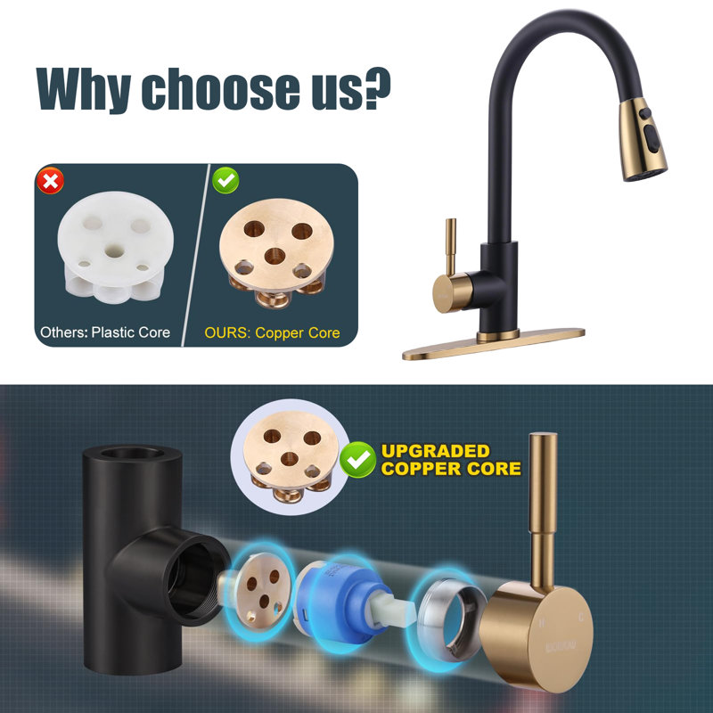 Kitchen Faucet With Soap Dispenser, Stainless Steel Pull-Down Faucet, Single Handle High Arc Kitchen Faucet., Black/Gold