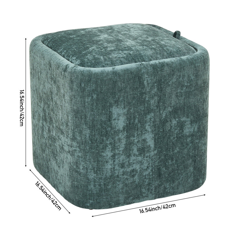 Modern Cube Storage Footstool Ottoman with Reversible Lid, Chenille, Green