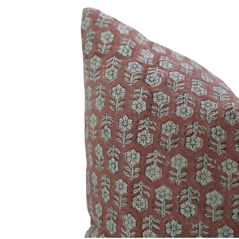 Fabdivine Elegant Block Print Linen Pillow Cover Handmade Decorative Cushion- Tulsi Buti, 18"H x 18"W, Red/White Floral 2