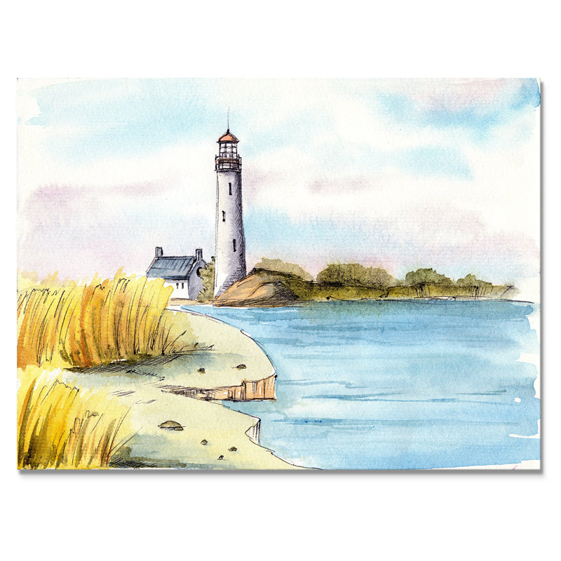 Phare sur un bord de mer lointain - Peinture sur toile, H 24 po x l 32 po, Toile tendue