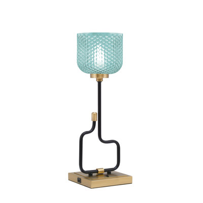 Amarmula Accent Lamp, With USB Ports, Matte Black & New Aged Brass Finish, 6" Turquoise Textured Glass
