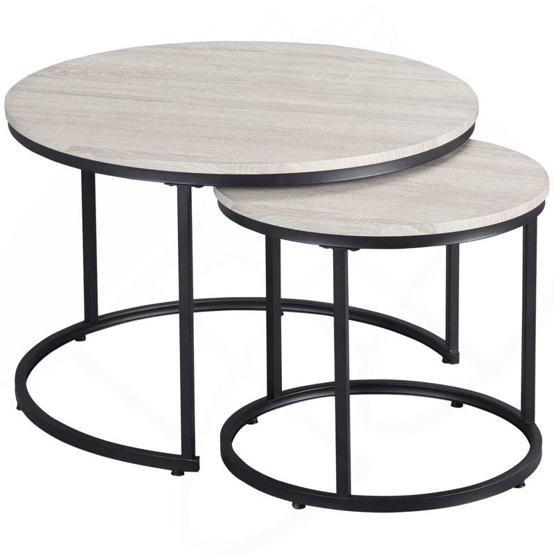 Round Nesting Tables Set Of 2, Stacking Coffee Table Set With Metal Frame For Living Room, Grey