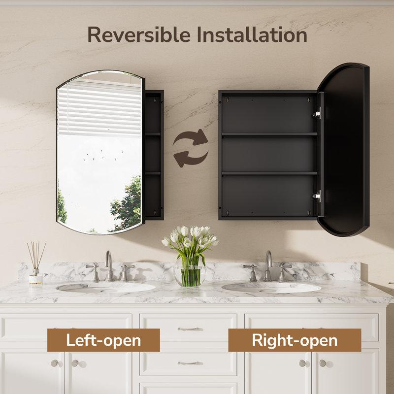 Arch Medicine Cabinet with Storage, Beveled Glass, Adjustale Shelves,Metal Frame, Black, 30"H x 20"W x 5.11"D