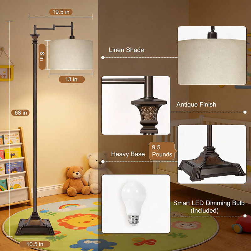 Smart Led Floor Lamp With Remote Control, 350? Adjustable Swing Arm & Stepless Dimming, Vintage Design With Linen Shade For Living Room, Bedroom, Or Home Office
