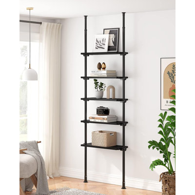 5-Tier Adjustable Ladder Bookshelf, Narrow Tall Bookcase With Open Storage, Floor-To-Ceiling Tension Mount, Industrial Wooden Shelf For Living Room, 9 by Rebrilliant
