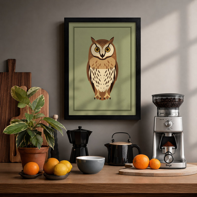 Frontal Owl Botanical - Framed Print, A4 - 29.7 x 21.0 cm, Black