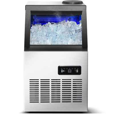 Machine à glaçons commerciale de 120 lb / 24 H, machine à glaçons en acier inoxydable avec cubes de glace carrés pleine grandeur autonettoyants, affichage à DEL, installation autoportante ou sous le comptoir