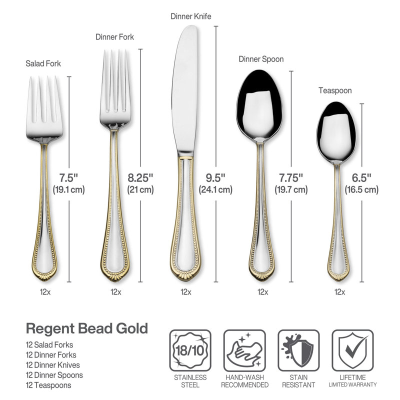 Regent Bead Gold 65-Piece 18/10 Stainless Steel Flatware Set, Service for 12