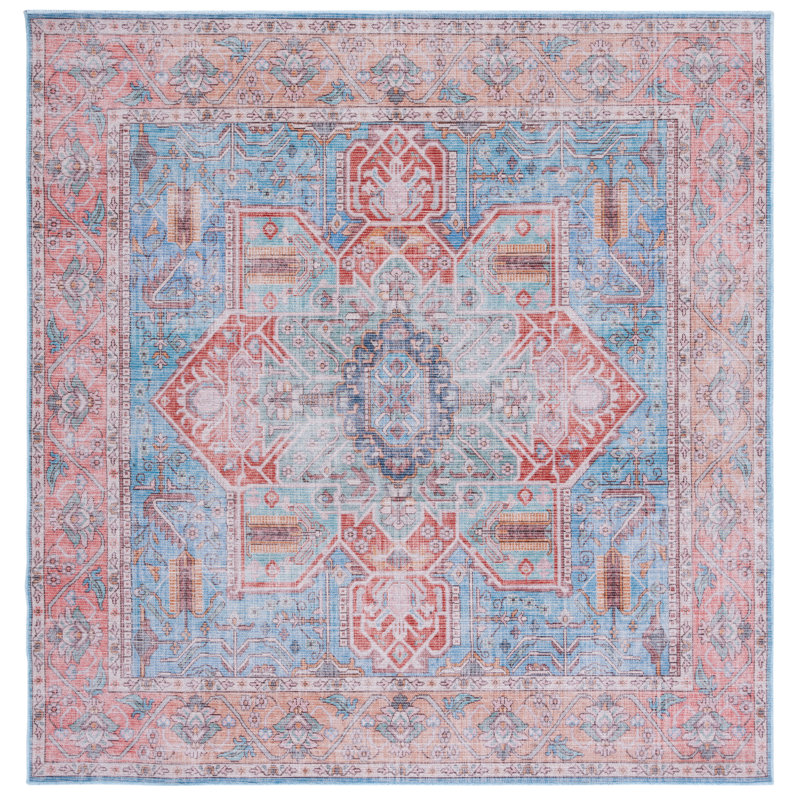 Tapis oriental rose / bleu, Carré 6 pi 7 po