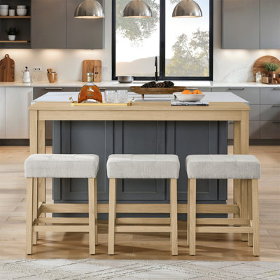 59 Inch Bar Table, Dining Table, Sofa Table With Power Outlet, 3 Upholstered Stools, 4 Piece Bar Table And Chair Set For Living Room, Dining Room, Kitchen