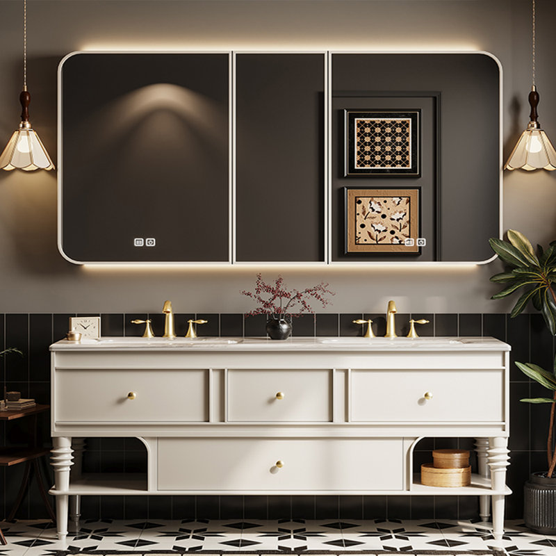French style retro bathroom cabinet., 63", Off-White
