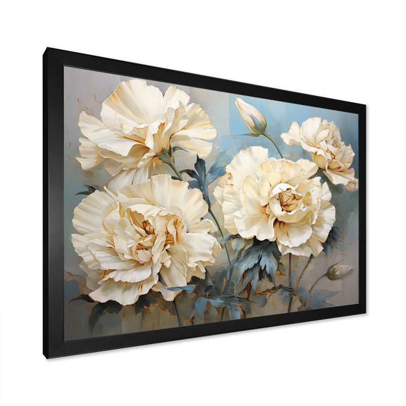 Oeillets beige sur fond bleu I - œillets, reproduction d'art mural, H 34 po x l 44 po x P 1,5 po, Cadre photo noir simple