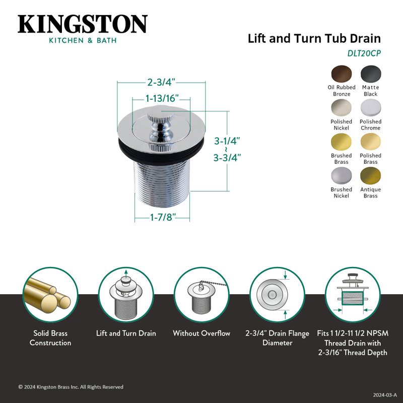 Kingston Brass Made To Match 1-1/2-Inch Lift and Turn Tub Drain with 2-Inch Body Thread, Brushed Nickel