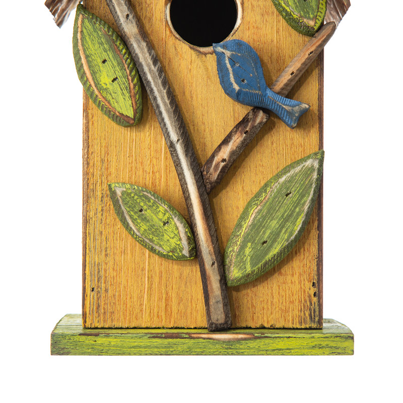 Strader Distressed Solid Wood Cottage Decorative Outdoor Garden Birdhouse with 3D Tree, Yellow
