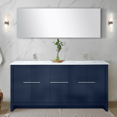 Navy Blue Double Bath Vanity 72 In. W X 20 In. D, With White Quartz Top