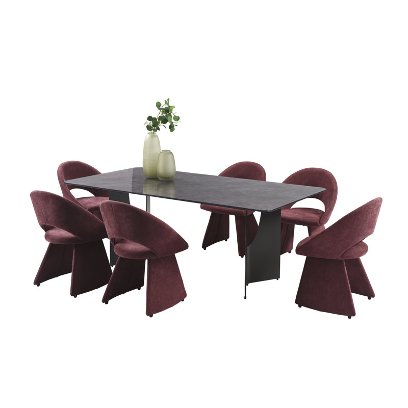 Ensemble de salle à manger moderne 7 pièces avec plateau en verre trempé et chaises rembourrées Arechiga, Gris, Mauve