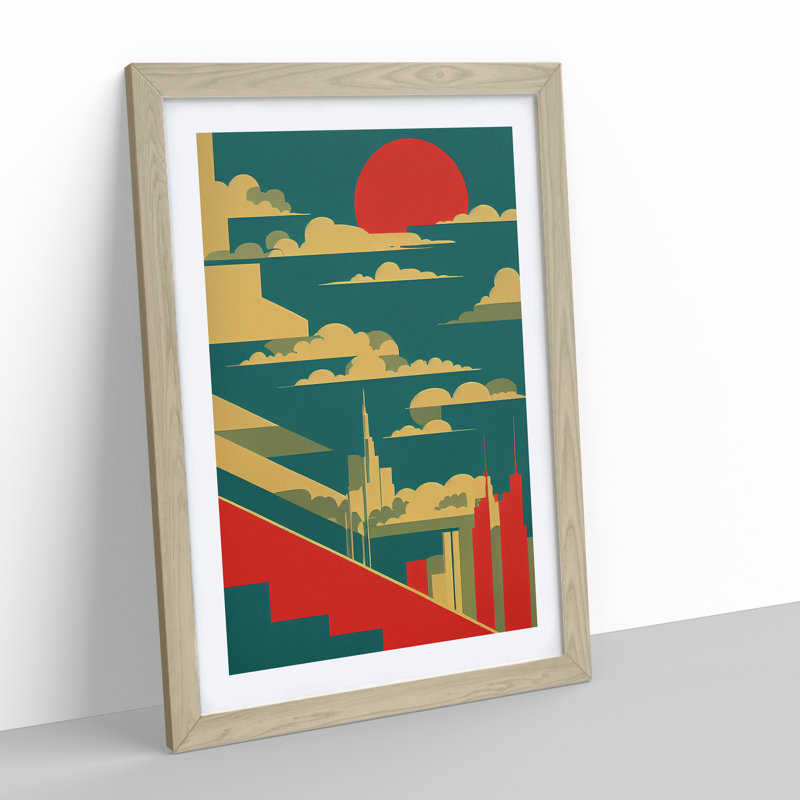 City Skyline Retro Art No.5 - Wall Art, 48cm H x 36cm W, Oak Framed, White