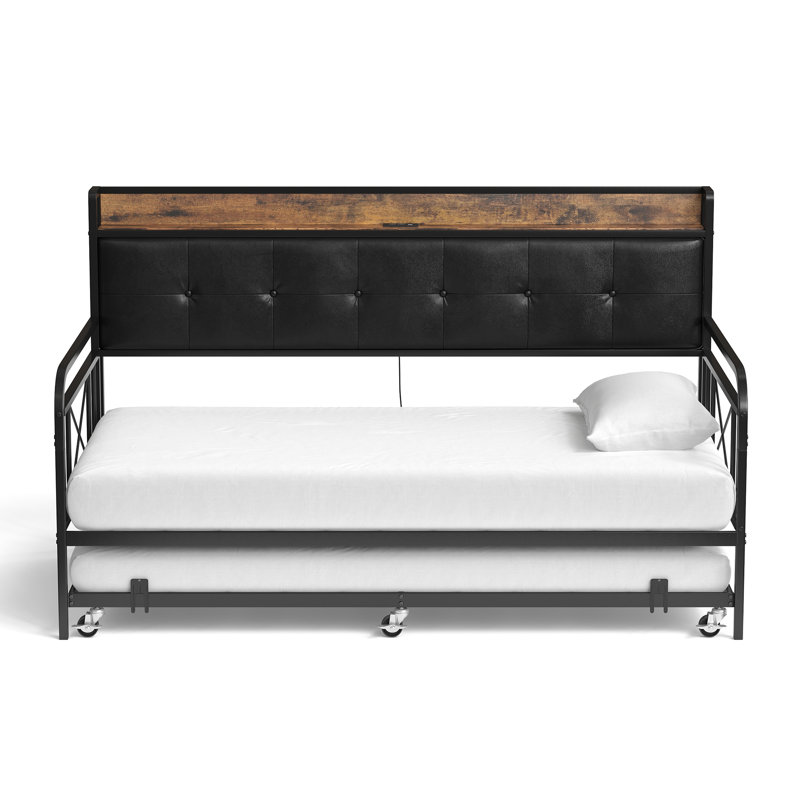 Storage Twin Daybed with Trundle, Upholstered Headboard, Metal Frame, and Built-in Charging Station, Black