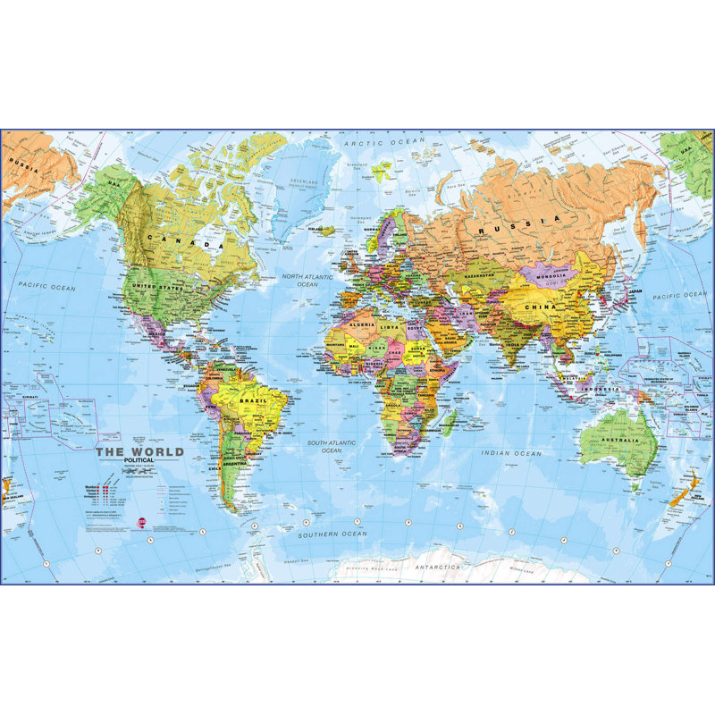 Large World Wall Map Political - Art Print on Paper, 42cm H x 59.4cm W x 0.5cm D, Unframed Paper