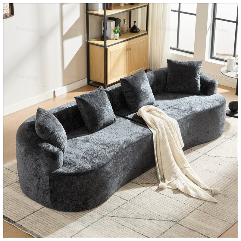 Causeuse incurvée en chenille avec 3 coussins, siège profond pour petits espaces, aucun assemblage requis, Noir