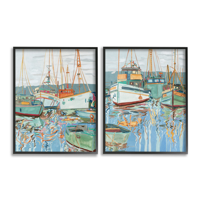 «Marina Ships Reflection Single Frame» par Melissa Wang, 2 pièces sur toile, H 14 po x l 11 po, Giclée encadrée noir minuit